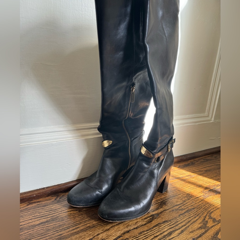 Michael Kors black leather Elsa boots with gold hardware